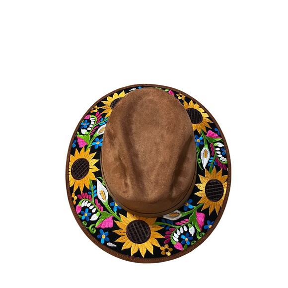 Sunflower Embroidered Brown Suede Felt Fedora Cowboy Artisanal Hat - Picture 5 of 6